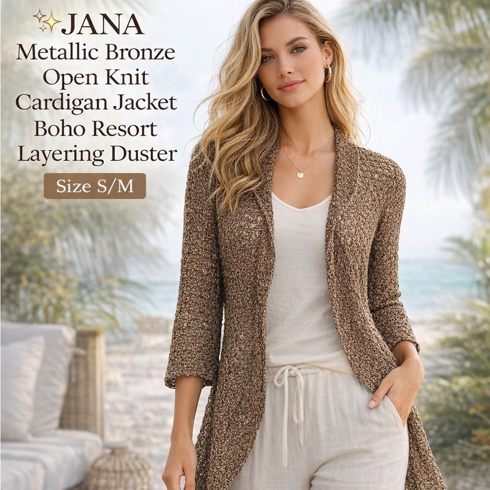 JANA Metallic Bronze Open-Knit Cardigan Boho Resort Layering Duster, Size S/M